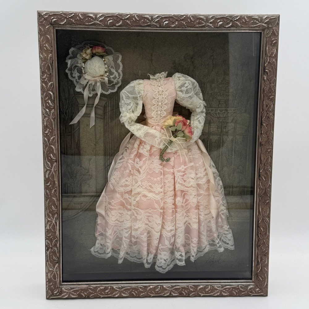 Vintage Victorian Lace Gown Shadow Box 3D Wall Art Pink Floral Miniature Frame